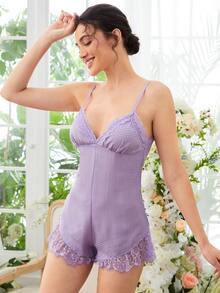 SHEIN 格紋蕾絲拼接褶邊吊帶連體短褲 - 紫丁香色 - 查看 4