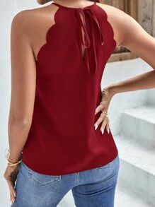 SHEIN Privé Scallop Trim Tie Back Halter Top - Burgundy - View 2