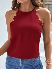 SHEIN Privé Scallop Trim Tie Back Halter Top - Burgundy - View 1