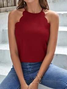 SHEIN Privé Scallop Trim Tie Back Halter Top - Burgundy - View 4