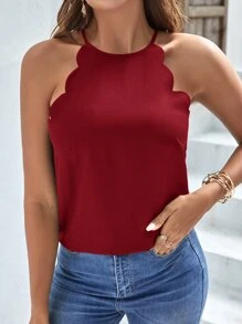 SHEIN Privé Scallop Trim Tie Back Halter Top - Burgundy - View 3