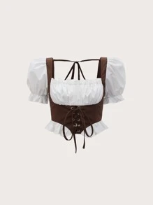 SHEIN MOD Puff Sleeve Lace Up Front 2 In 1 Blouse - Multicolor - View 1