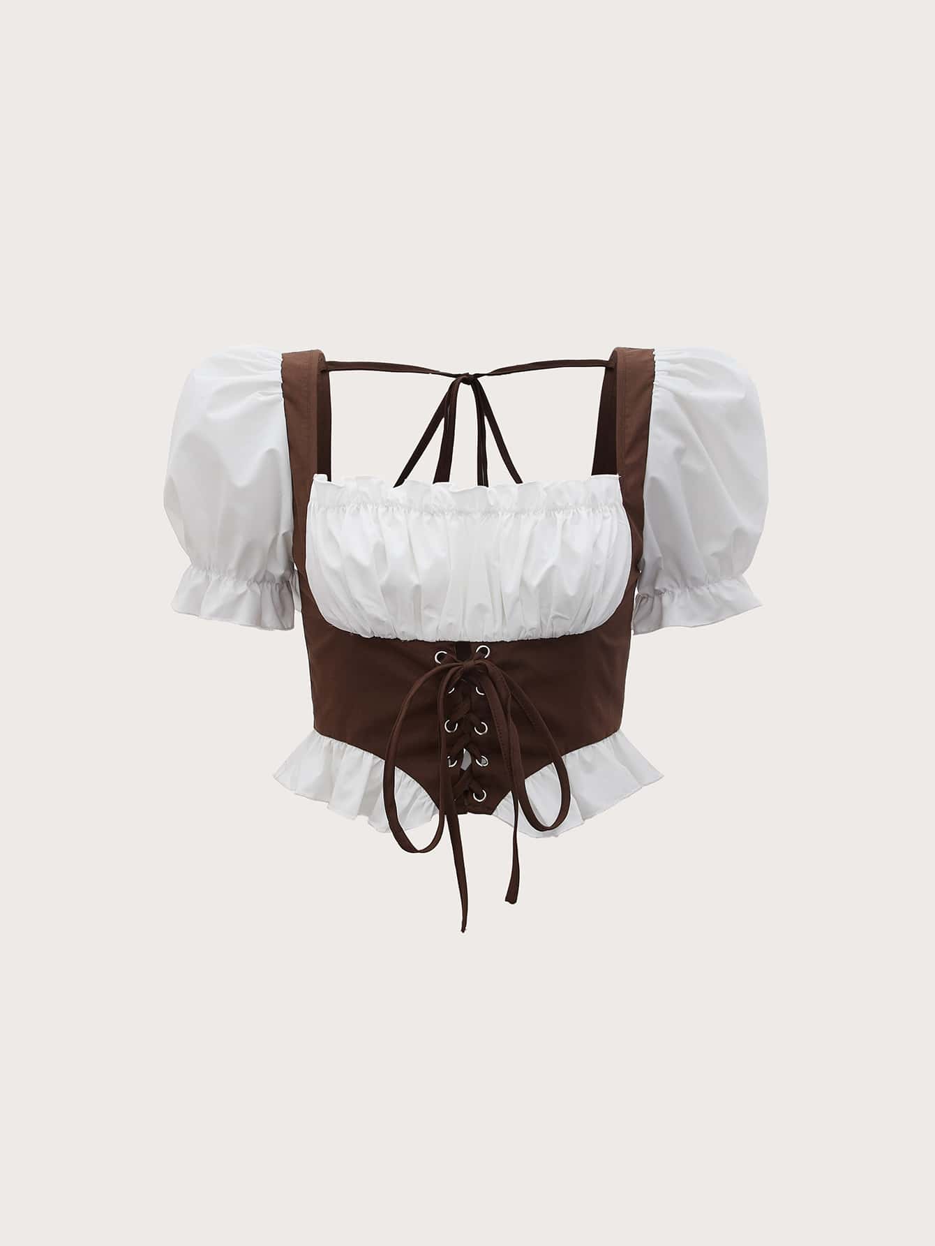 SHEIN MOD Puff Sleeve Lace Up Front 2 In 1 Blouse - Multicolor - View 1