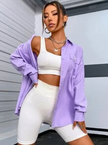 SHEIN Unity Letter Patched Flap Pocket Drop Shoulder Shirt - Purple - View 2