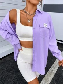 SHEIN Unity Letter Patched Flap Pocket Drop Shoulder Shirt - Purple - View 4