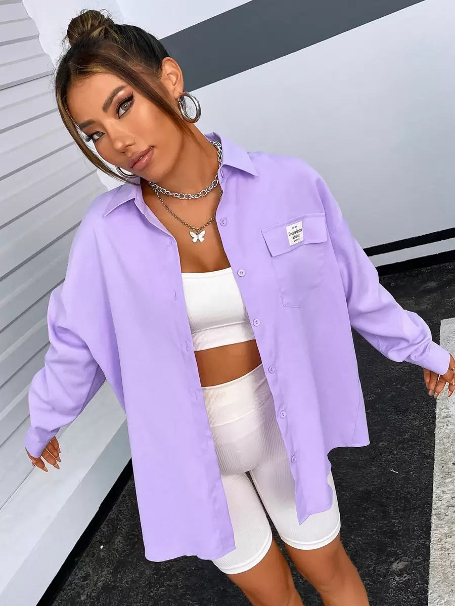 SHEIN Unity Letter Patched Flap Pocket Drop Shoulder Shirt - Purple - View 1