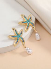 Rhinestone Starfish Decor Faux Pearl Drop Earrings