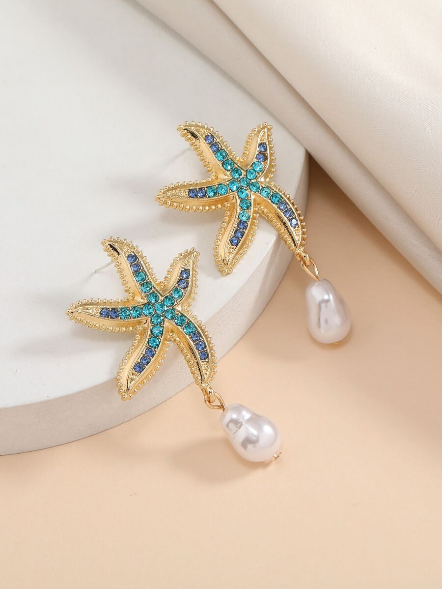 Rhinestone Starfish Decor Faux Pearl Drop Earrings