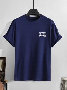 Manfinity Homme 男士椰子树和标语图案 T 恤，适合青少年男孩 romwe>男士 T 恤 - 藏蓝色 - 查看 2