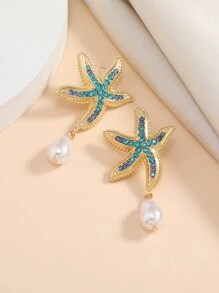 Rhinestone Starfish Decor Faux Pearl Drop Earrings