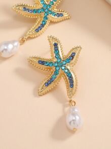 Rhinestone Starfish Decor Faux Pearl Drop Earrings