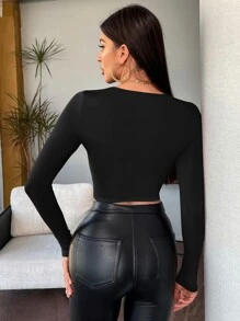 Siren Gaze Solid Round Neck Crop Tee Winter Black Casual Black Spring - Black - View 2