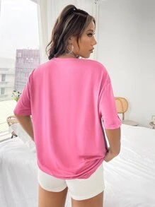 SHEIN EZwear 字母和花卉印花落肩T恤 - 粉色 - 查看 2