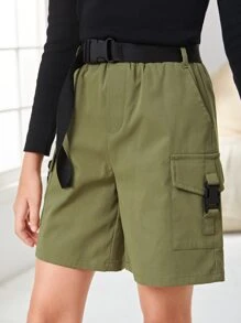 SHEIN 女孩翻蓋口袋腰帶百慕大短褲