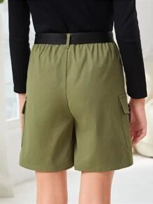SHEIN 女孩翻蓋口袋腰帶百慕大短褲