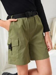 SHEIN 女孩翻蓋口袋腰帶百慕大短褲