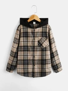 SHEIN 男孩格紋印花連帽襯衫