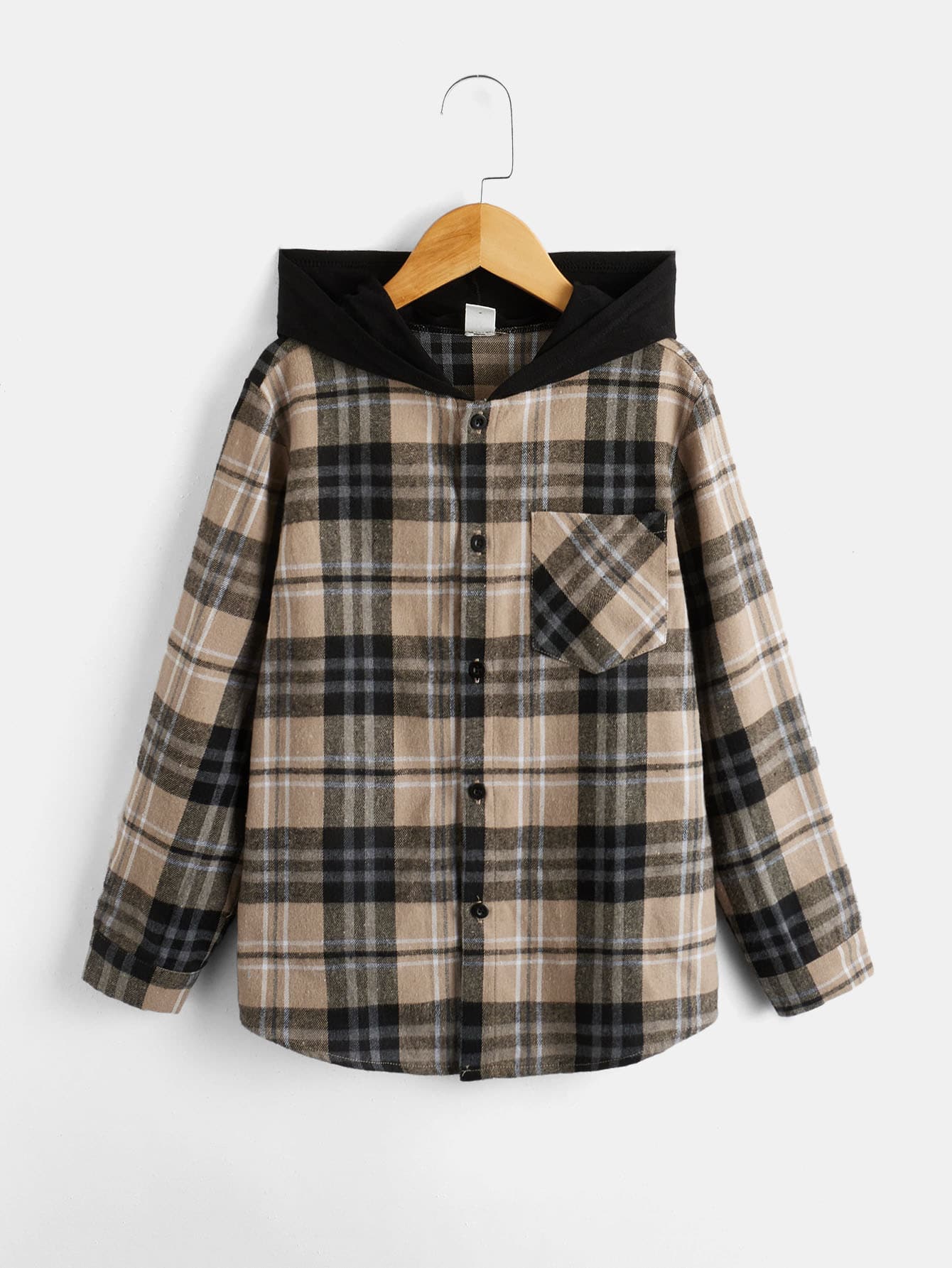 SHEIN 男孩格紋印花連帽襯衫