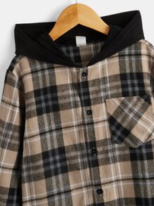 SHEIN 男孩格紋印花連帽襯衫