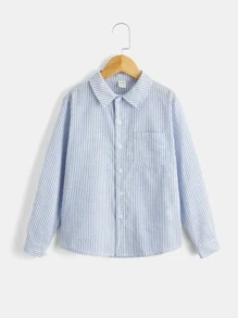 SHEIN Boys Striped Patched Pocket Button Front Shirt - Blue and White - View 1