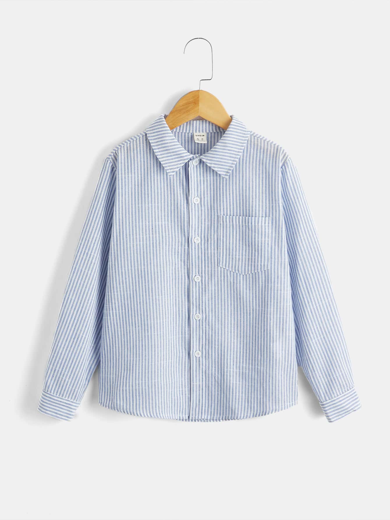 SHEIN Boys Striped Patched Pocket Button Front Shirt - Blue and White - View 1