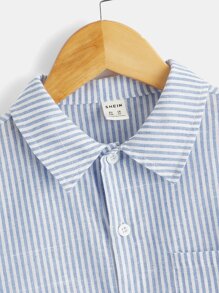 SHEIN Boys Striped Patched Pocket Button Front Shirt - Blue and White - View 3