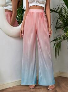 Ombre High Waist Plisse Wide Leg Trousers - Multicolor - View 1
