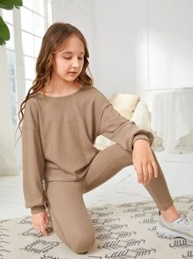 SHEIN Girls Twist Back Drop Shoulder Top & Leggings Set - Khaki - View 2