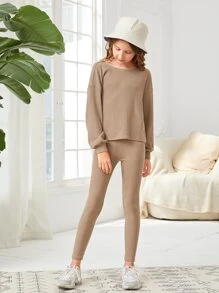 SHEIN Girls Twist Back Drop Shoulder Top & Leggings Set - Khaki - View 3