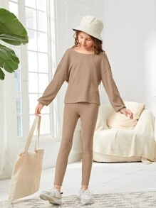 SHEIN Girls Twist Back Drop Shoulder Top & Leggings Set - Khaki - View 5