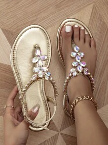 Rhinestone Decor Thong Sandals - Gold - View 2
