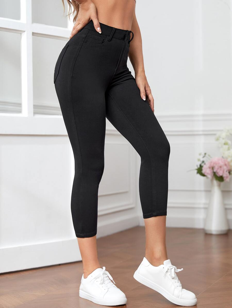 SHEIN Essnce Women Plain Color Zipper Fly Capri Skinny Pants, For Spring & Summer - Black - View 1