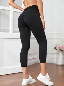 SHEIN Essnce Women Plain Color Zipper Fly Capri Skinny Pants, For Spring & Summer - Black - View 2