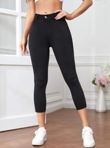 SHEIN Essnce Women Plain Color Zipper Fly Capri Skinny Pants, For Spring & Summer - Black - View 4