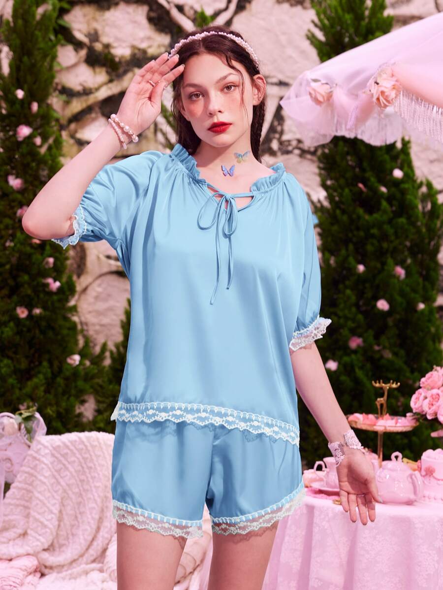 ROMWE Kawaii Conjunto de pijama con encaje en contraste - Azul - Ver 1