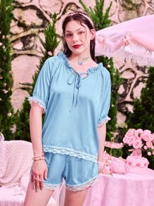 ROMWE Kawaii Conjunto de pijama con encaje en contraste - Azul - Ver 4