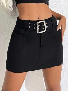 SHEIN EZwear Solid Belted Skirt - Black - View 1