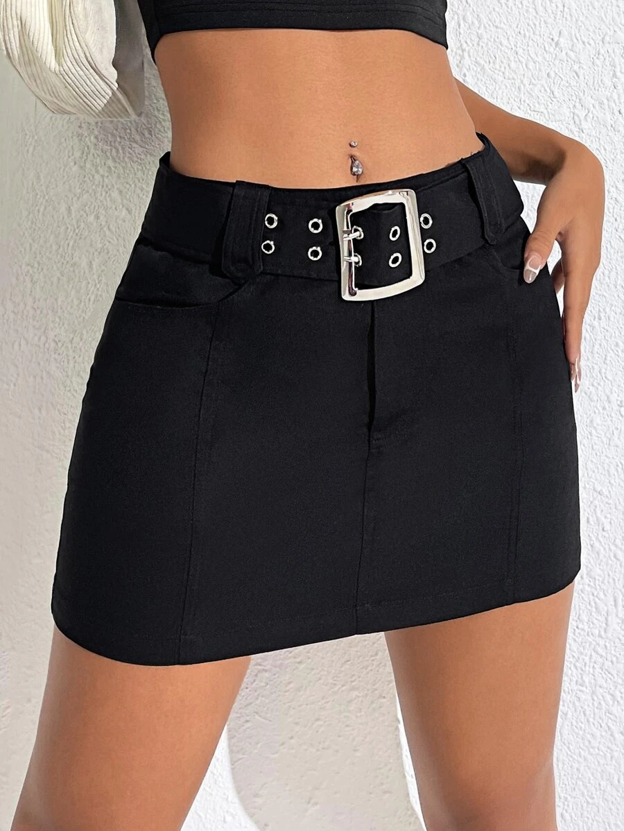 SHEIN EZwear Solid Belted Skirt - Black - View 1