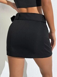 SHEIN EZwear Solid Belted Skirt - Black - View 2