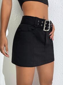 SHEIN EZwear Solid Belted Skirt - Black - View 3
