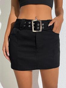 SHEIN EZwear Solid Belted Skirt - Black - View 5