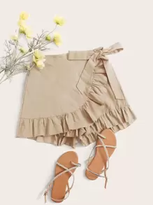 SHEIN VCAY Plus Tie Side Ruffle Trim Solid Skort