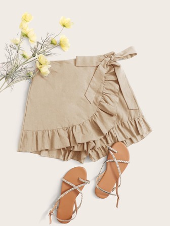 Plus Tie Side Ruffle Trim Solid Skort