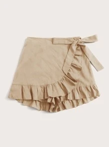 SHEIN VCAY Plus Tie Side Ruffle Trim Solid Skort