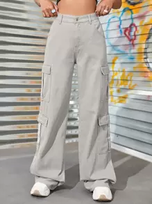 SHEIN EZwear Quần jean nữ Nút Túi Dây kéo màu trơn - Màu Xám nhạt - Xem 3