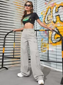 SHEIN EZwear Quần jean nữ Nút Túi Dây kéo màu trơn - Màu Xám nhạt - Xem 4