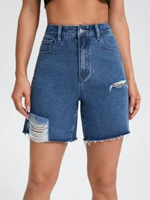 High Waist Ripped Raw Hem Denim Shorts - Medium Wash - View 1