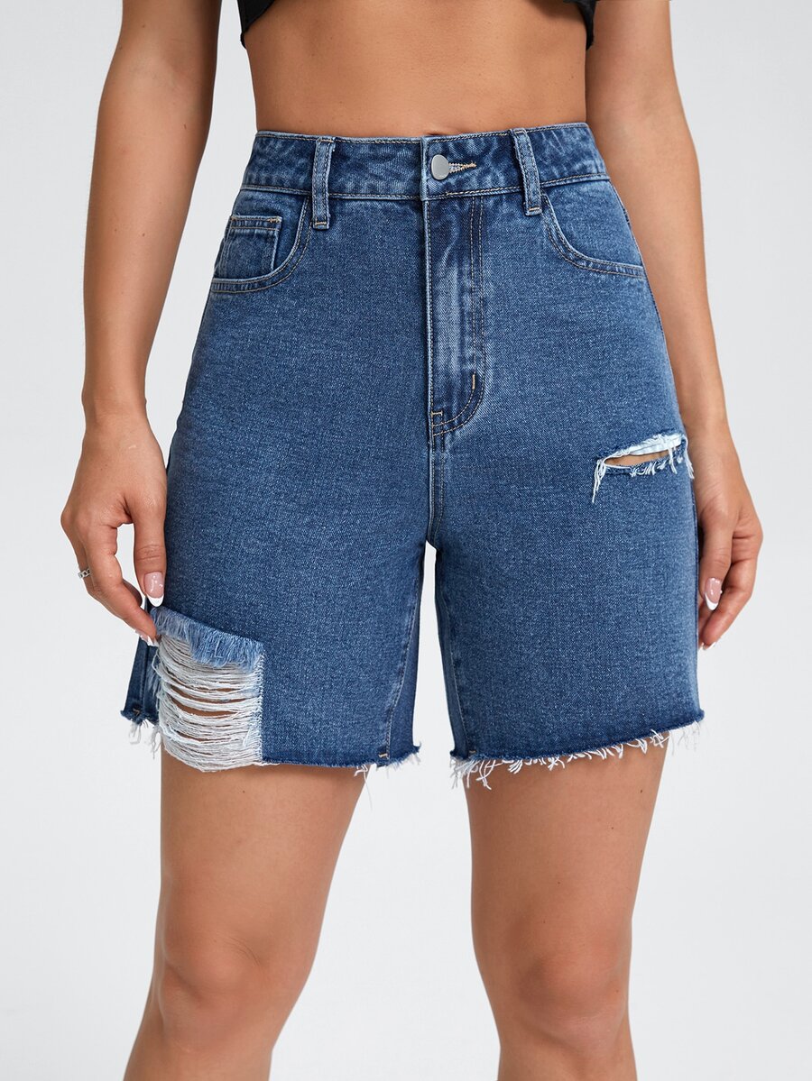 High Waist Ripped Raw Hem Denim Shorts - Medium Wash - View 1