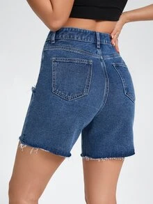 High Waist Ripped Raw Hem Denim Shorts - Medium Wash - View 2