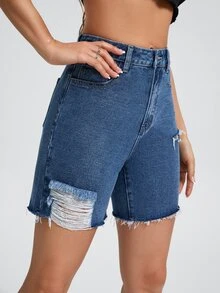High Waist Ripped Raw Hem Denim Shorts - Medium Wash - View 3